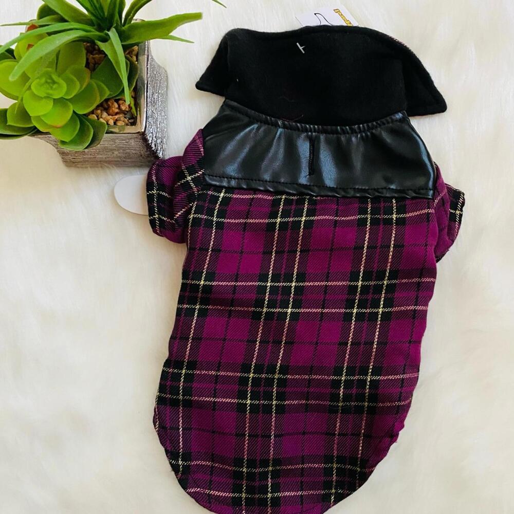 Plaid Dog Coat with Faux Leather and Hood